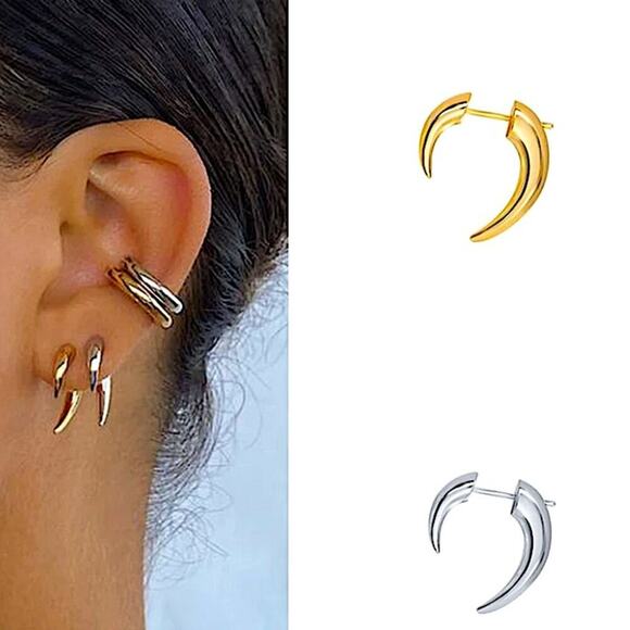 Silver Spiked Horn Earrings Ear Jacket Front Back Spike Minimalist Punk Gothic - Picture 3 of 8